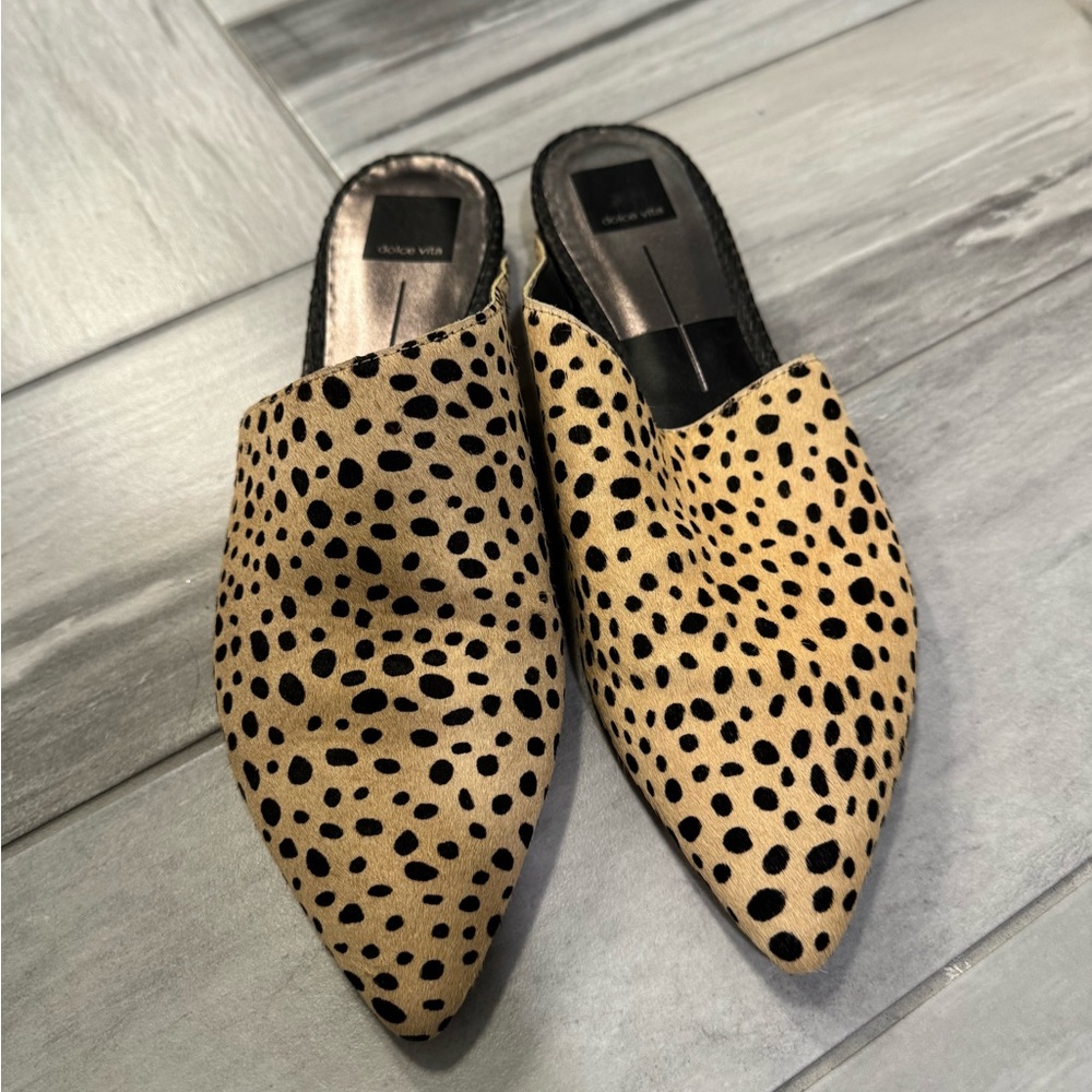 Dolce Vita Tan and Black Mules with Animal Print